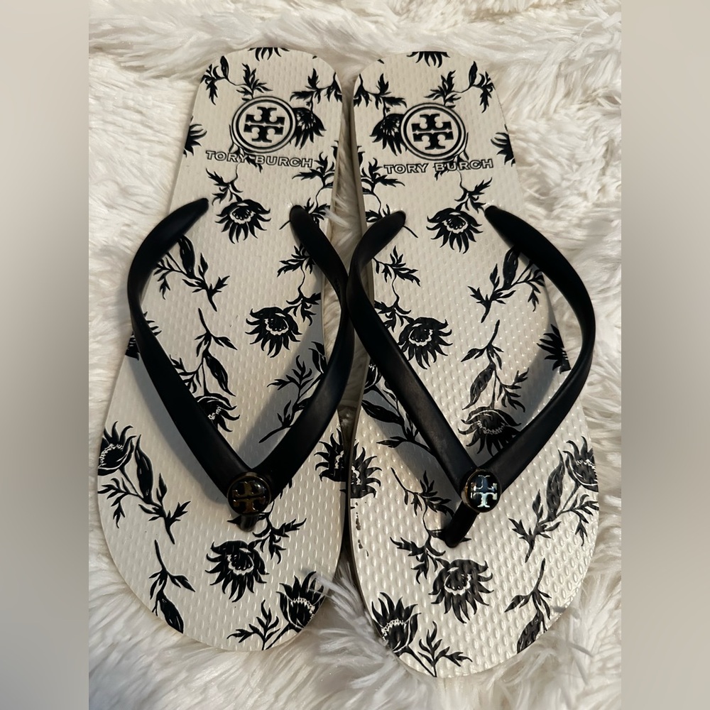 Tory Burch Monochrome Floral Flip Flops